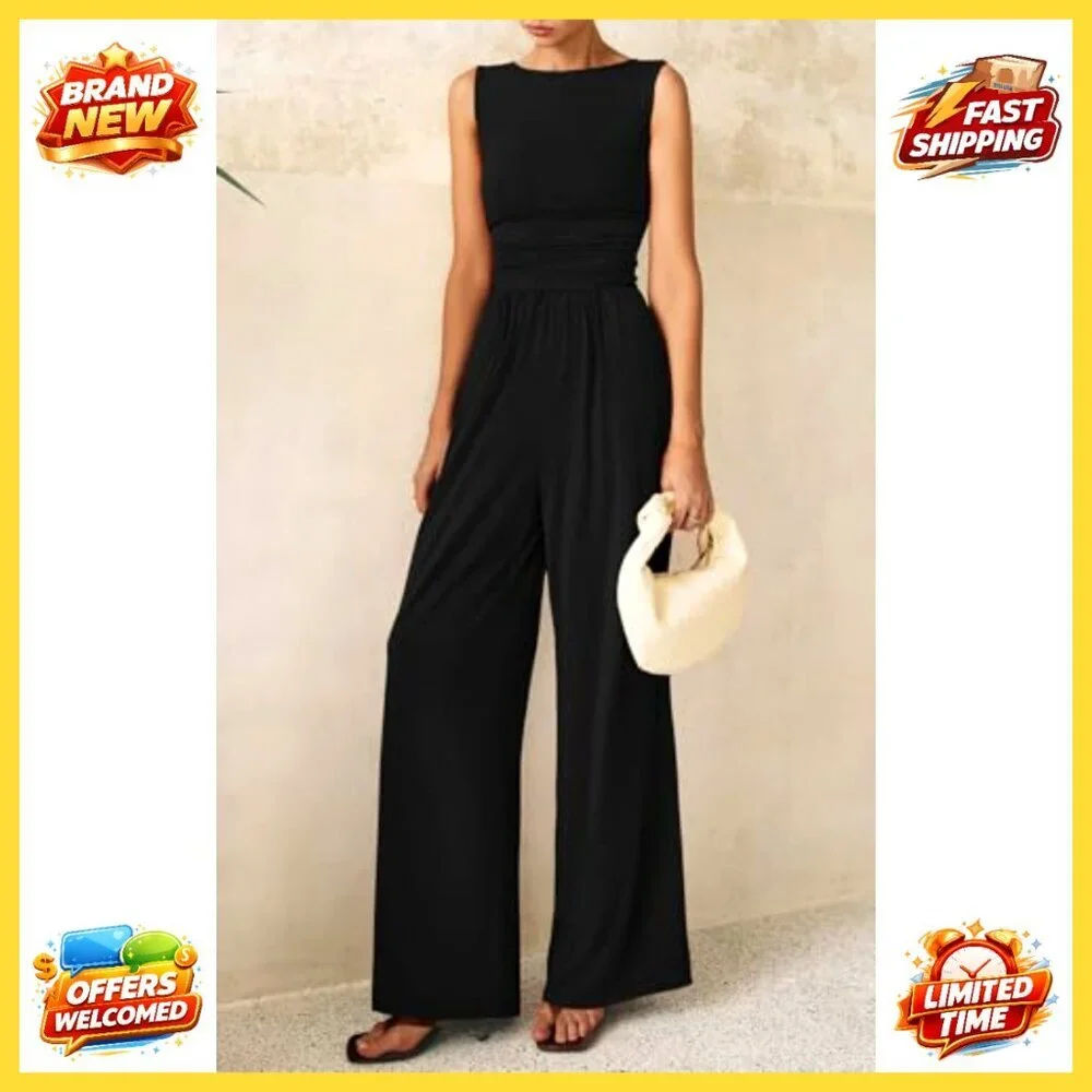 Sleeveless Wide Leg Jumpsuit Elegant Chic Casual Summer Romper - Picture 3 of 8